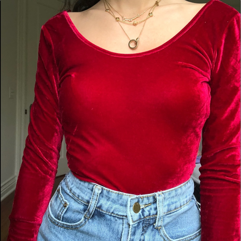 Cherry Red Velvet Long Sleeve Bodysuit